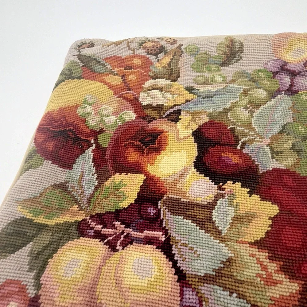 Vintage Needlepoint Pillow Tapestry Throw Pillow Floral Fruit Stitched